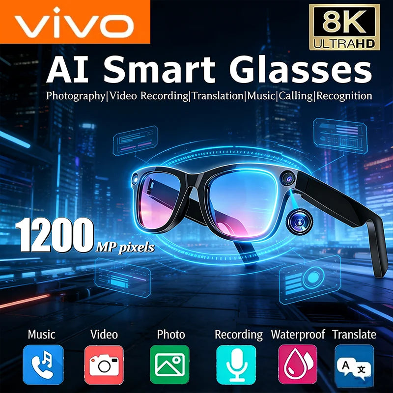 VIVO 8K Smart AI Glasses With 1200mp Camera Chat Gpt Touch Sport Sunglasses Bluetooth Calling Music Player For Men Women Gift