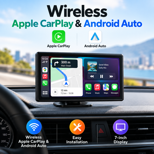123 CarPlay Screen mounted in car dashboard with wireless Apple CarPlay and Android Auto